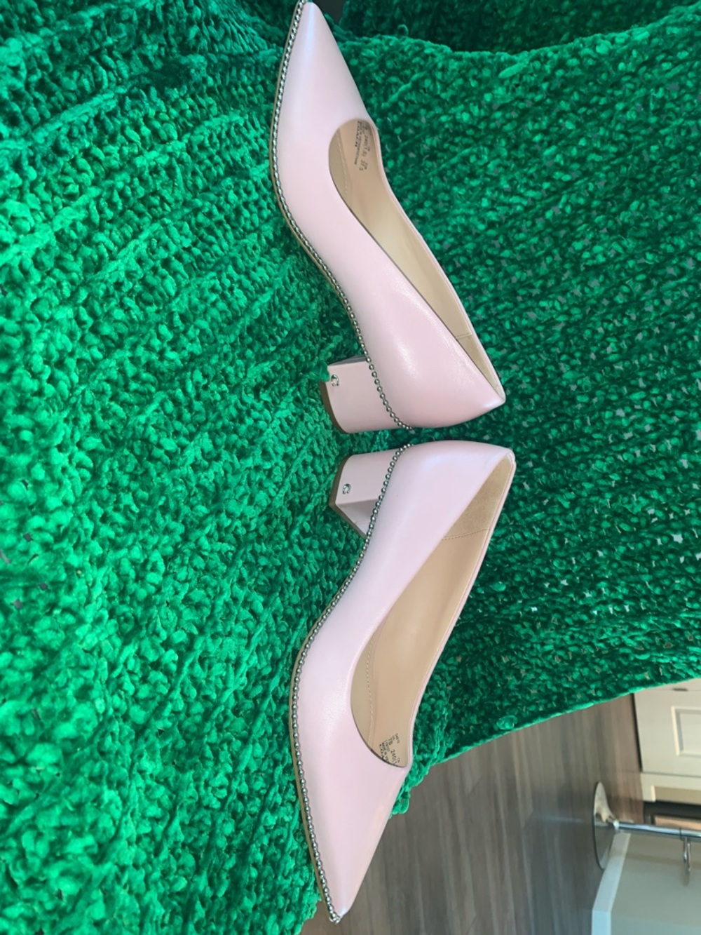 Coach Pink Leather Pointed Block Heel Pumps with Beaded Trim - Picture 3 of 10